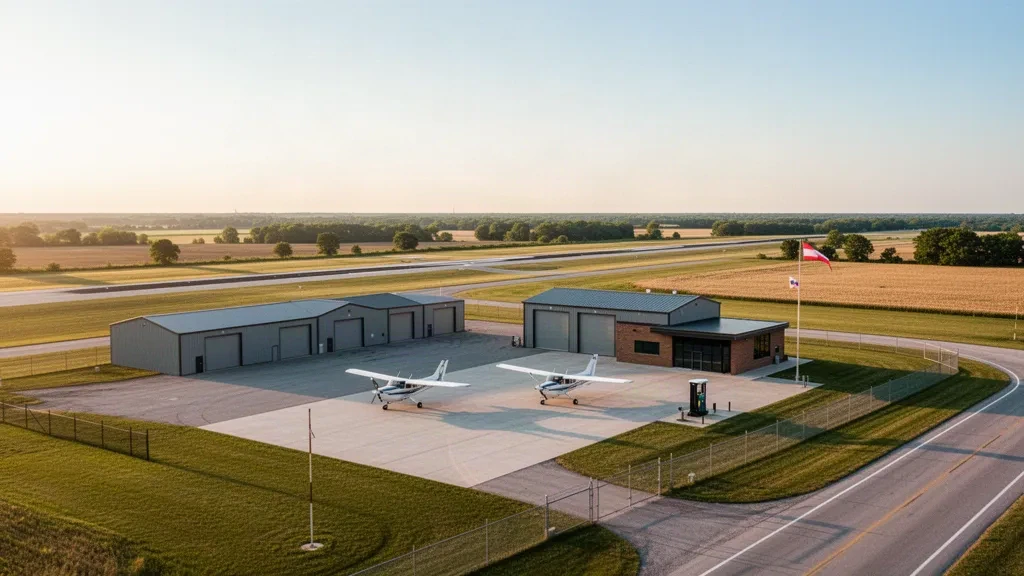Petit aéroport rural d'aviation générale à Butler, Missouri, avec une piste en asphalte unique, des hangars gris et des aéronefs légers stationnés sur l'aire de trafic à l'heure dorée