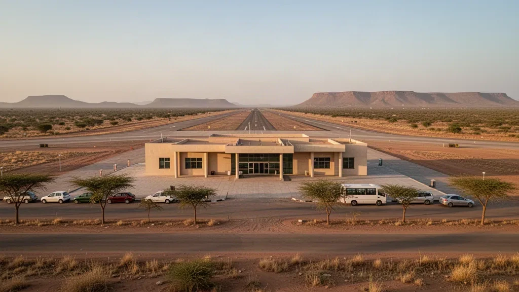 Edificio del terminal dell'aeroporto di Burao e pista sterrata in Somaliland sotto una calda luce dorata con vegetazione arida