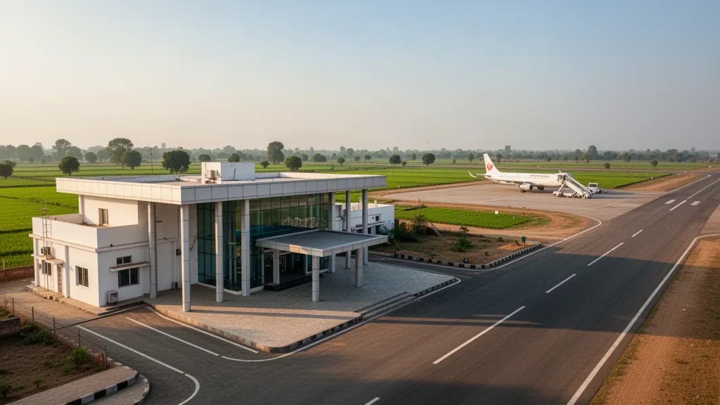 Terminal civil de faible hauteur et tarmac à l'aéroport de Bathinda dans le Pendjab, en Inde, baignés par la lumière de l'heure dorée avec un espace ouvert pour le texte du site web.