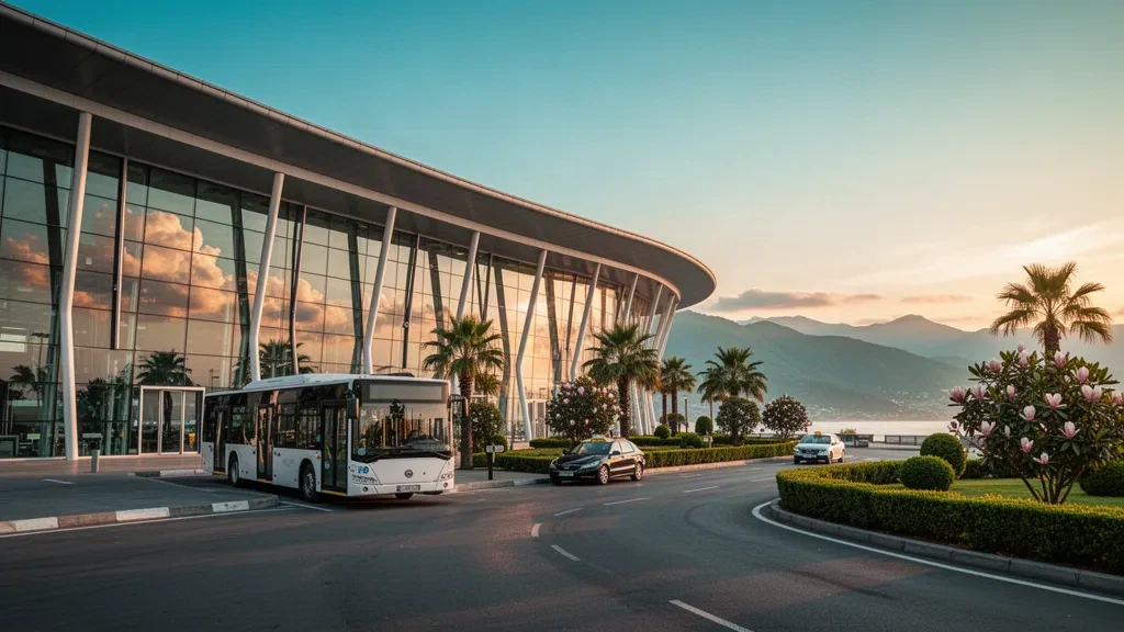 Moderno terminal in vetro e zona di sosta degli autobus all'aeroporto internazionale Alexander Kartveli di Batumi, in Georgia, durante l'ora d'oro