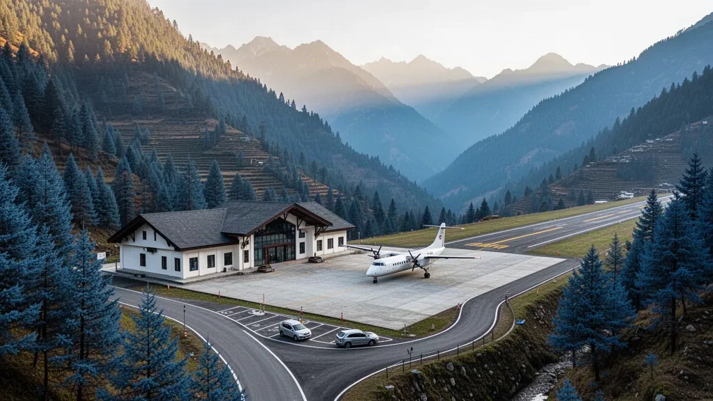Terminal, aire de trafic et voie d'accès de l'aéroport de Bathpalathang à Jakar, Bumthang, Bhoutan, encadrés par des crêtes himalayennes boisées dans une douce lumière matinale