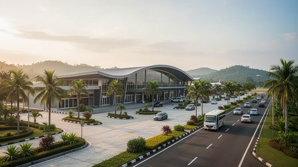 Modernes Terminal und tropische Vorfahrt am Flughafen Muara Bungo in Jambi, Sumatra, in goldenem Abendlicht.