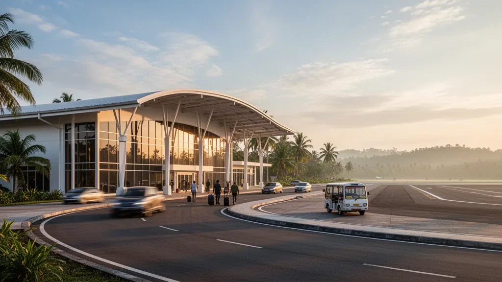 Modernes Terminalgebäude und palmengesäumte Zufahrtsstraße am Flughafen Betoambari in Baubau zur goldenen Stunde