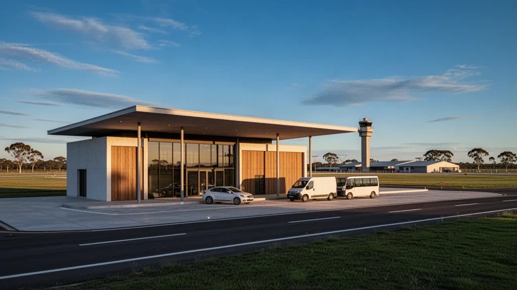 Kuzey Uruguay'daki Placeres Havaalanı'nda sıcak altın saati ışığı altında modern alçak terminal ve yol kenarı bırakma şeridi