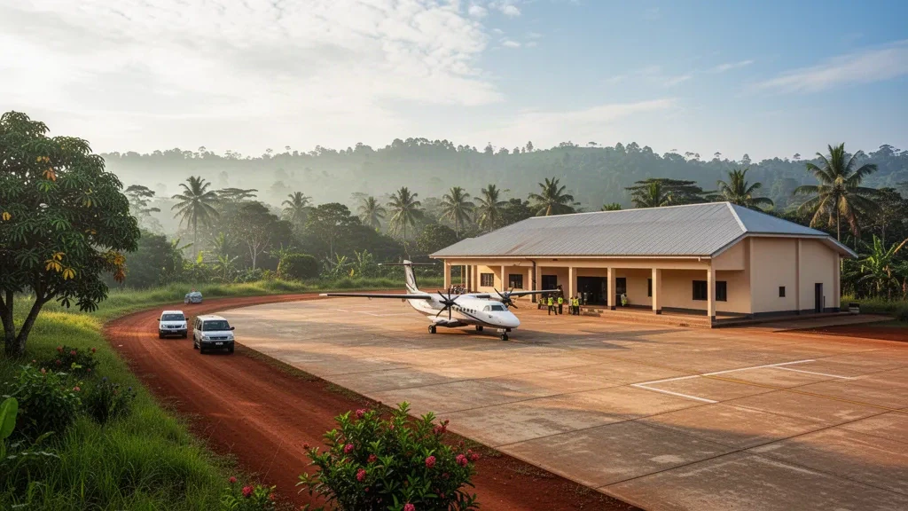Terminal basso e piazzale dell'aeroporto di Bunia in Ituri, RD Congo, con un turboelica parcheggiato e vegetazione tropicale nella calda luce pomeridiana