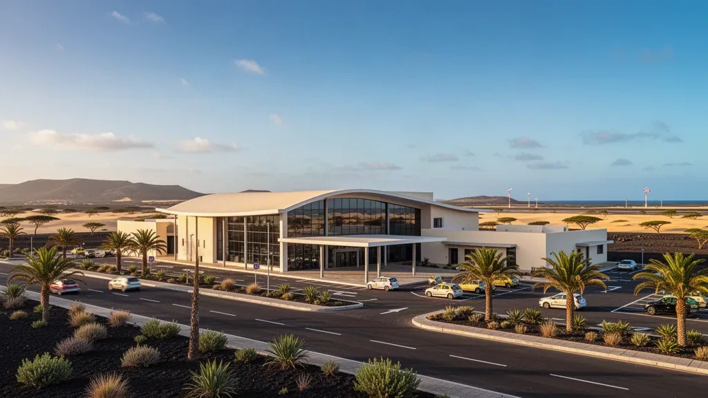 Modern white terminal and palm-lined drop-off road at Aristides Pereira International Airport on Boa Vista, Cape Verde in warm afternoon light