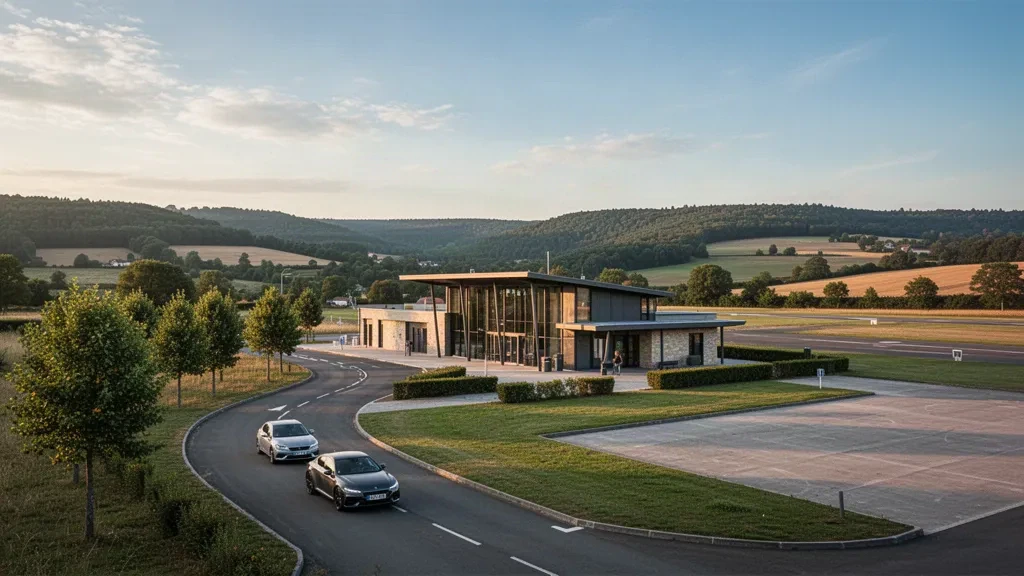 Modern glass terminal exterior at Brive–Souillac Airport in Corrèze, France, lit by golden-hour sun above the access road