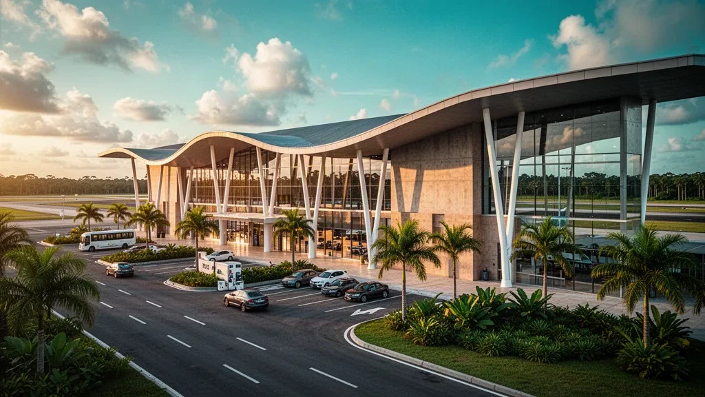 Extérieur moderne du terminal vitré de l'aéroport international Atlas Brasil Cantanhede de Boa Vista, au Roraima, au Brésil, sous une lumière tropicale chaleureuse.