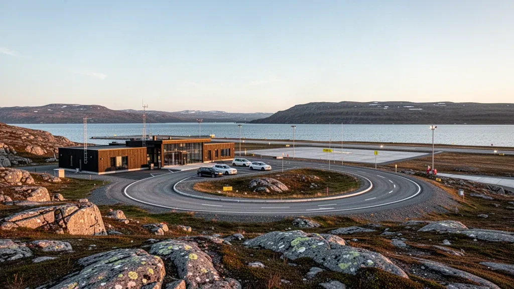 Small modern terminal at Berlevåg Airport on a windswept Arctic headland in Finnmark, Norway, with the Barents Sea at golden hour