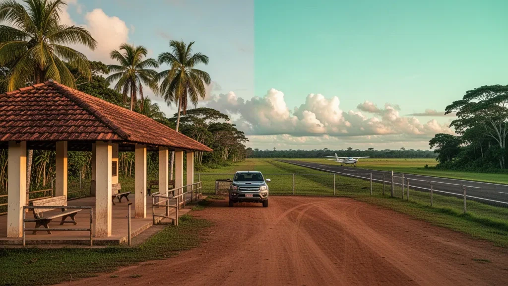Vista durante la hora dorada de la pequeña pista regional y el pabellón terminal del Aeropuerto de Huacaraje en la Amazonía boliviana, con una pista tropical y aeronaves ligeras estacionadas