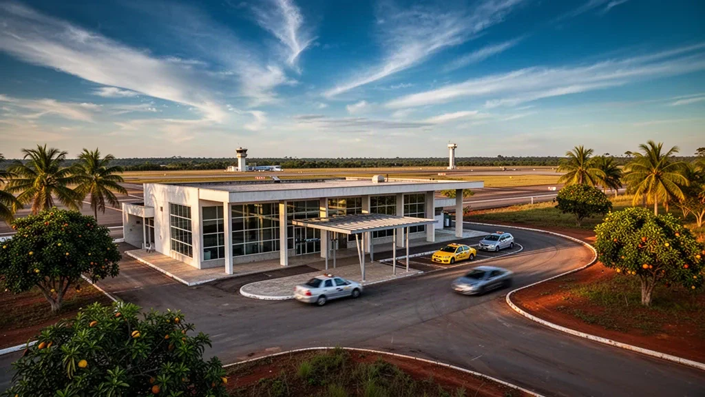 Terminal moderno in vetro e corsia di sosta all'Aeroporto di Vilhena, in Rondônia, Brasile, circondato da vegetazione tropicale durante l'ora d'oro