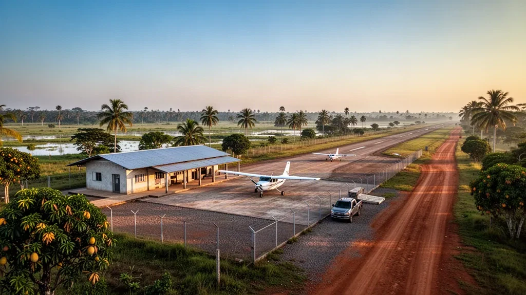 Kleine regionale Landebahn für Baures im bolivianischen Departamento Beni mit Leichtflugzeugen auf einer ländlichen Start- und Landebahn zur goldenen Stunde