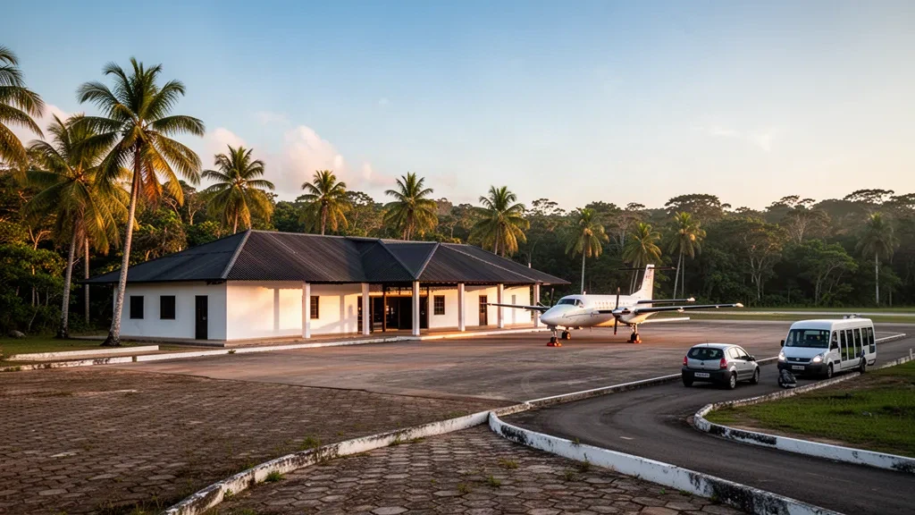 Pequeña terminal aeroportuaria tropical y plataforma en el aeropuerto de Belmonte, en la costa de Bahía, Brasil, bañadas por la cálida luz del final de la tarde