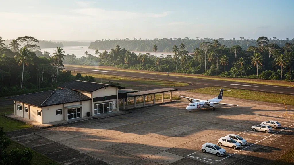 Terminal regional modesta y entorno de selva tropical en el Aeropuerto de Breves, en Pará, Brasil, con cálida luz amazónica de tarde