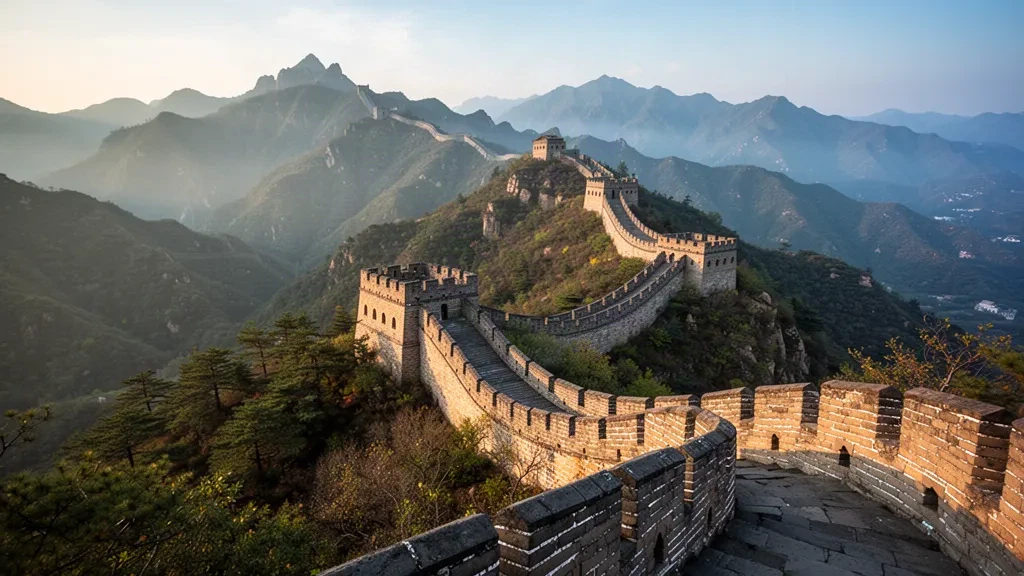 Mauern und Wachtürme der Chinesischen Mauer, die sich in warmem Spätnachmittagslicht über bewaldete Bergkämme in der Nähe von Mutianyu schlängeln