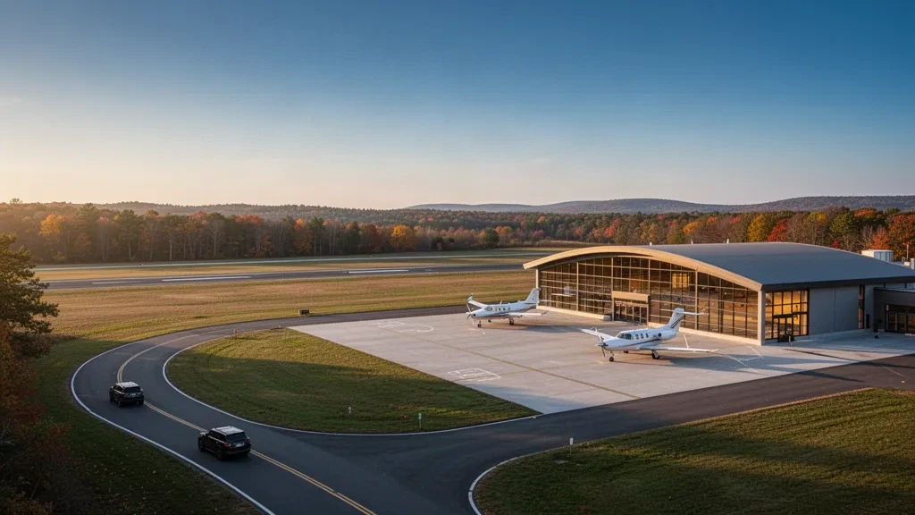 Blick zur goldenen Stunde auf das moderne Glasterminal des Beverly Regional Airport, Vorfeld und Rollweg mit kleinen Flugzeugen im Küstengebiet von Massachusetts.