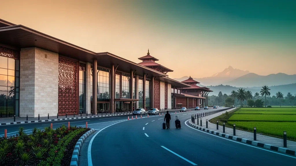 Nepal'in Bhairahawa kentindeki Gautam Buddha Uluslararası Havalimanı'nda altın saatlerde parlayan modern cam terminal binasının dış cephesi ve boş yolcu bırakma şeridi