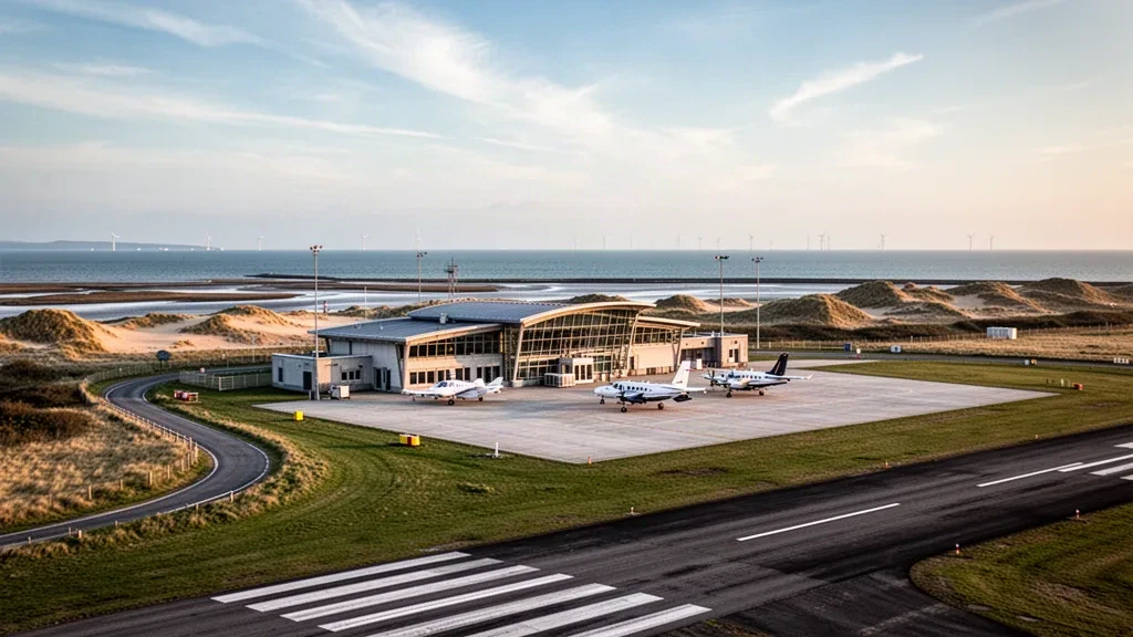 Flaches Glas-Terminal und Vorfeld mit Leichtflugzeug am Barrow Walney Island Airport an der Küste Cumbrias zur goldenen Stunde