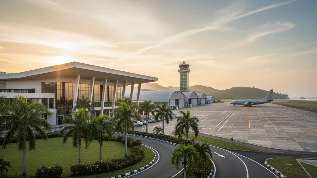 Terminal de la base aérienne de la RMAF Butterworth, hangars et aire de trafic de la piste dans la région tropicale de Penang, en Malaisie, éclairés par une chaude lumière d'heure dorée.