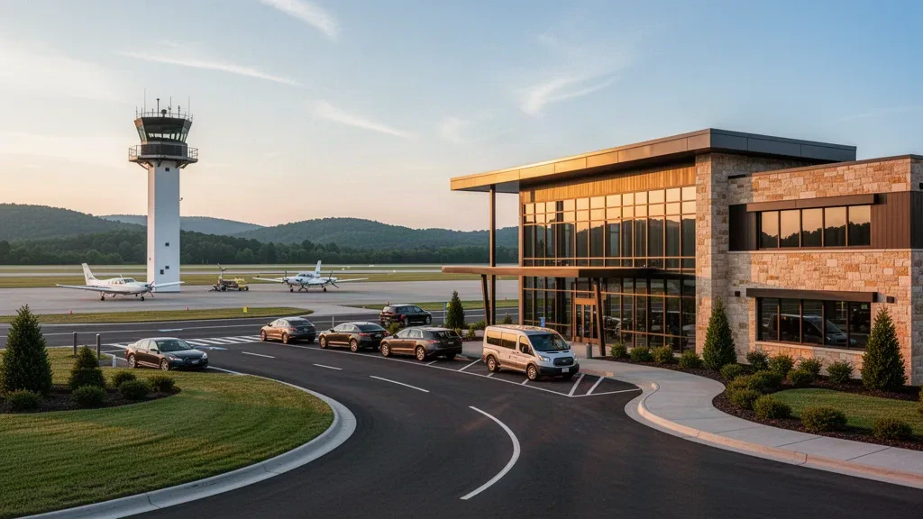 Terminal moderno in vetro, corsia di sosta curva e torre di controllo presso l'aeroporto regionale di Bowling Green Warren County durante l'ora d'oro