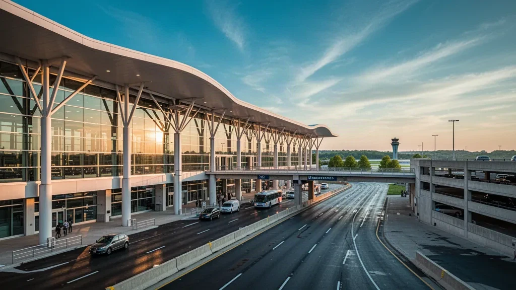 Façade moderne du terminal en verre et voies de dépose en bordure de trottoir à l'aéroport international Thurgood Marshall de Baltimore/Washington à l'heure dorée