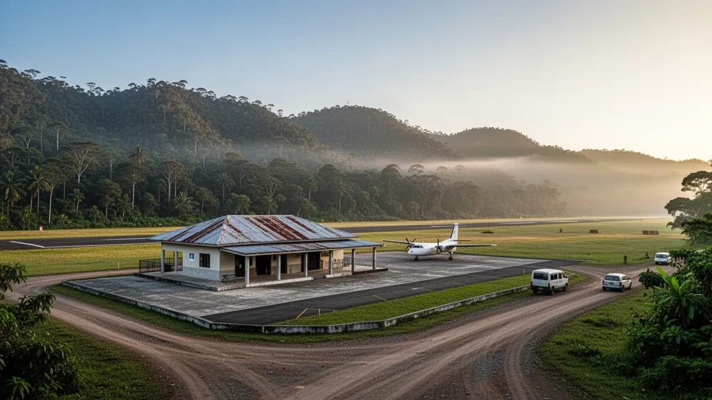 Pista de aterrizaje remota en las tierras altas, pequeña terminal y avioneta turbohélice estacionada en el aeropuerto de Bawan, Papúa Nueva Guinea, con luz suave de la mañana