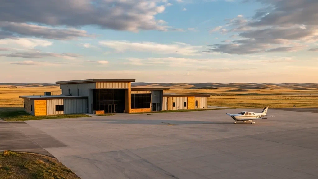 Exterior view of Bowman Regional Airport terminal in Bowman, North Dakota, with a small aircraft on the apron under a wide prairie sky