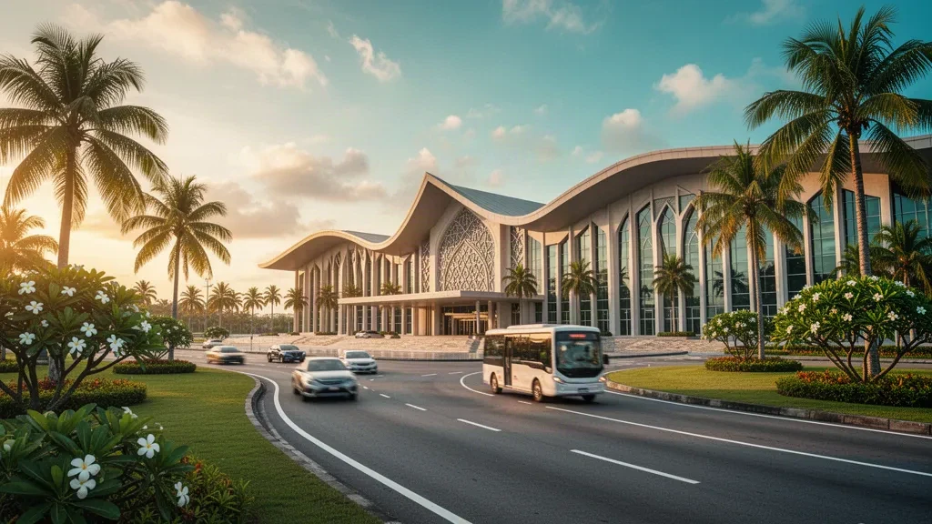 Modern glass terminal exterior at Brunei International Airport near Bandar Seri Begawan, framed by tropical palms in warm evening light