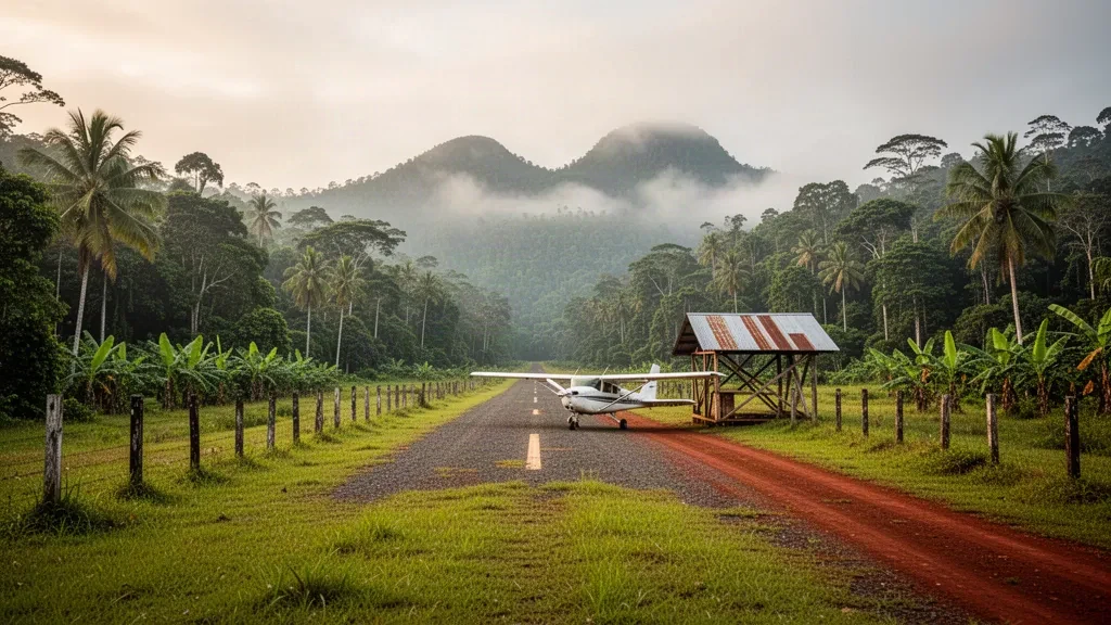 Grass airstrip with a light aircraft at remote Bewani Airport in Papua New Guinea, framed by misty rainforest hills