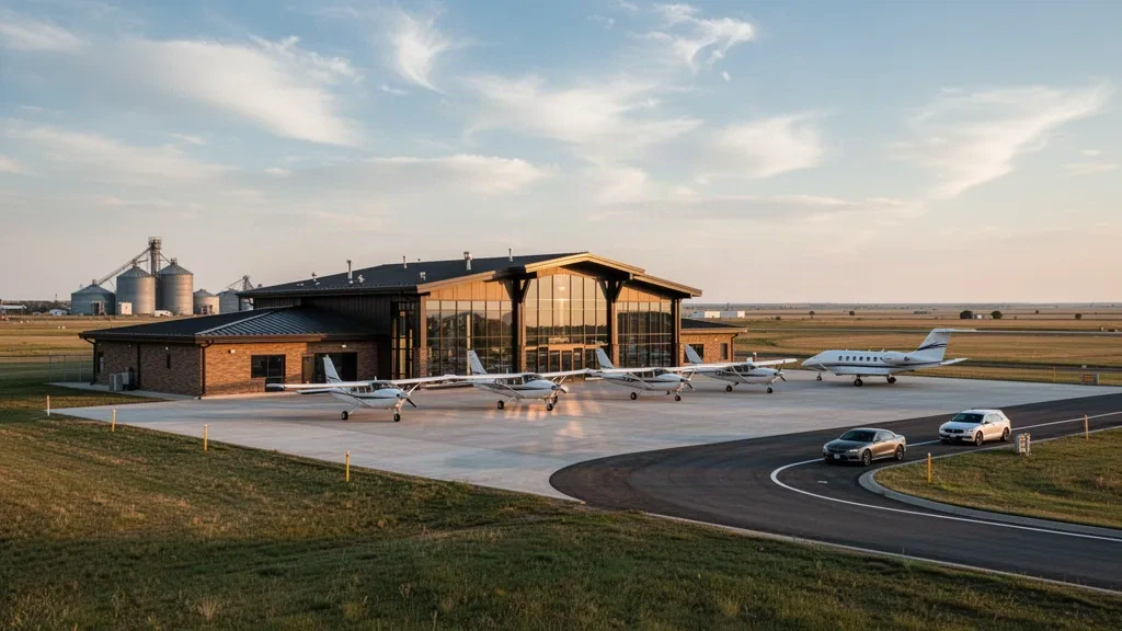 Terminal moderne, aire de trafic et avion léger à l'aéroport de Bowman Regional dans le Dakota du Nord sous un large ciel de prairie à l'heure dorée