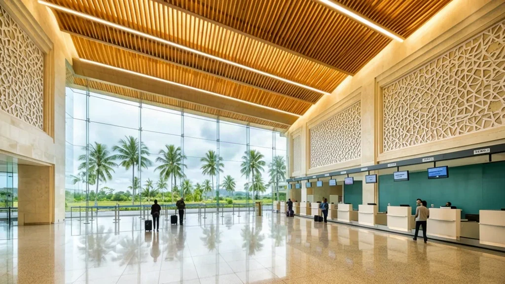 Bandar Seri Begawan'daki Brunei Uluslararası Havaalanı'nda ahşap tavanlar, check-in bankoları ve cam duvarlardan süzülen tropikal gün ışığıyla aydınlık kalkış salonu.