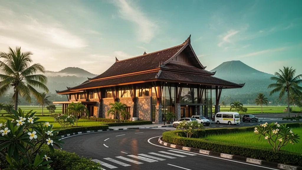 Moderna terminal del aeropuerto de Blimbingsari en Banyuwangi con tejado tradicional, carril de bajada y palmeras tropicales en la hora dorada