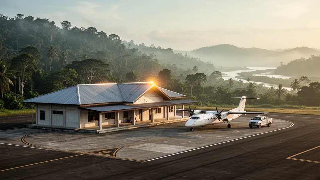 Small tropical airport terminal and apron at Babo Airport in West Papua, Indonesia, framed by rainforest hills in morning light