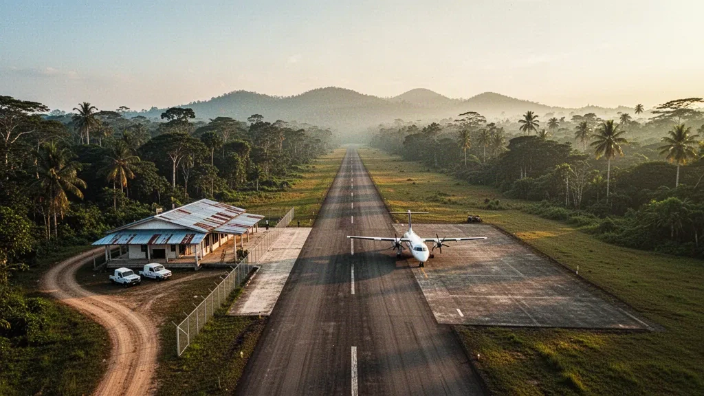 Piste d'atterrissage tropicale isolée et petit terminal à l'aéroport de Bade dans le sud de la Papouasie, en Indonésie, entourés de forêt tropicale de plaine à l'heure dorée.