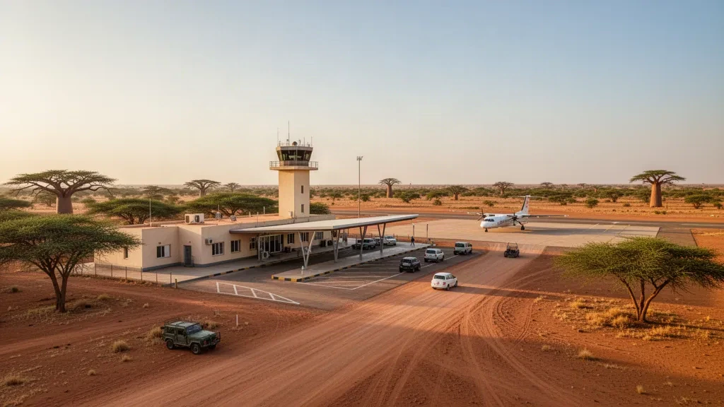 Vue à l'heure dorée de l'aéroport de Bakel au Sénégal, avec un petit terminal, une voie de dépose et un paysage sahélien sec.