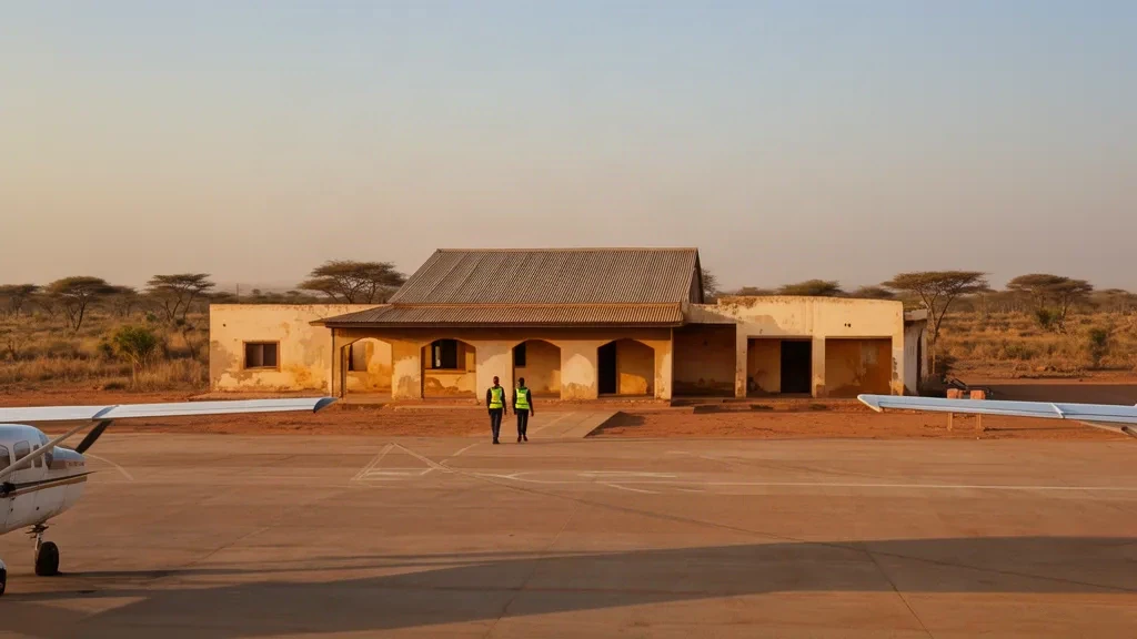 Petit terminal ocre et aire en béton de l'aéroport de Bakel au Sénégal sous la lumière chaude de l'après-midi sahélien