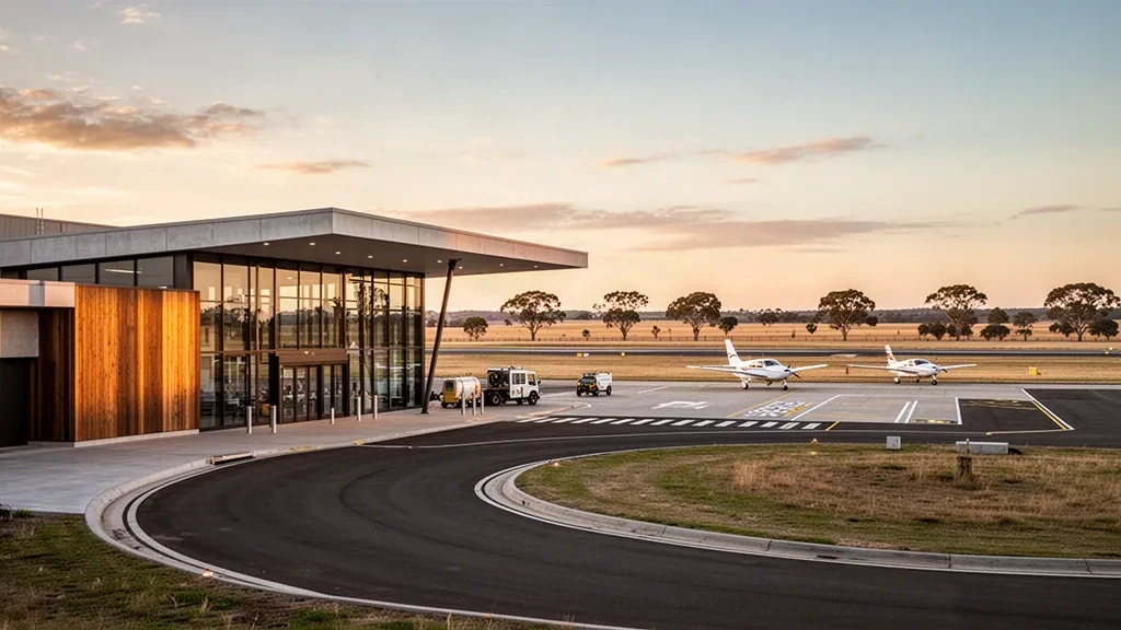 Modernes Glasterminal und Vorfeld am Flughafen Bendigo in Victoria, Australien, zur goldenen Stunde fotografiert, mit Leichtflugzeugen in der Nähe