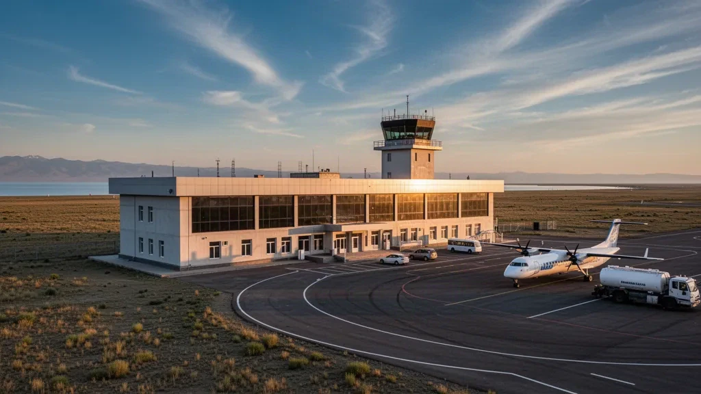 Flaches Terminalgebäude, Kontrollturm und Vorfeld am Flughafen Balkhash in Kasachstan, umrahmt von offener Steppe unter einem Himmel zur goldenen Stunde.