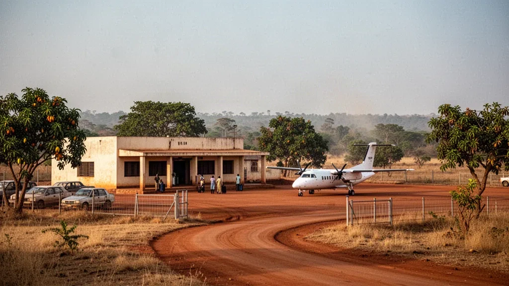 Modesto terminal aeroportuale regionale e piazzale in laterite rossa a Boundiali, nel nord della Costa d'Avorio, sotto la luce calda del pomeriggio.