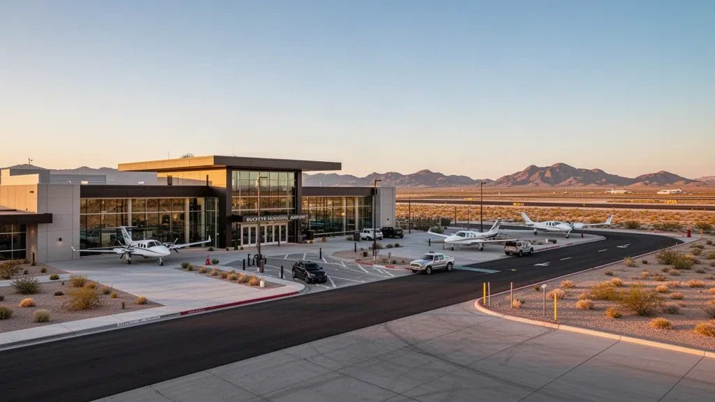 Modernes Terminal für die allgemeine Luftfahrt am Buckeye Municipal Airport in Arizona, mit Wüstenlandschaft, Flugzeugen, Licht zur goldenen Stunde und offenem Raum für Hero-Inhalte.