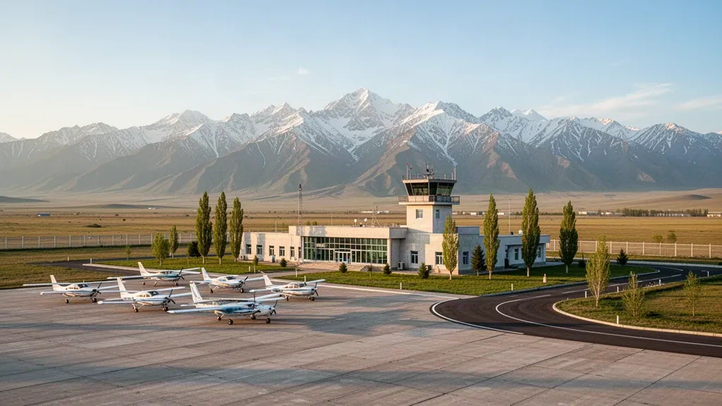 Avion léger sur le tarmac de l'aéroport de Boralday près d'Almaty, avec les montagnes Zailiysky Alatau enneigées en arrière-plan