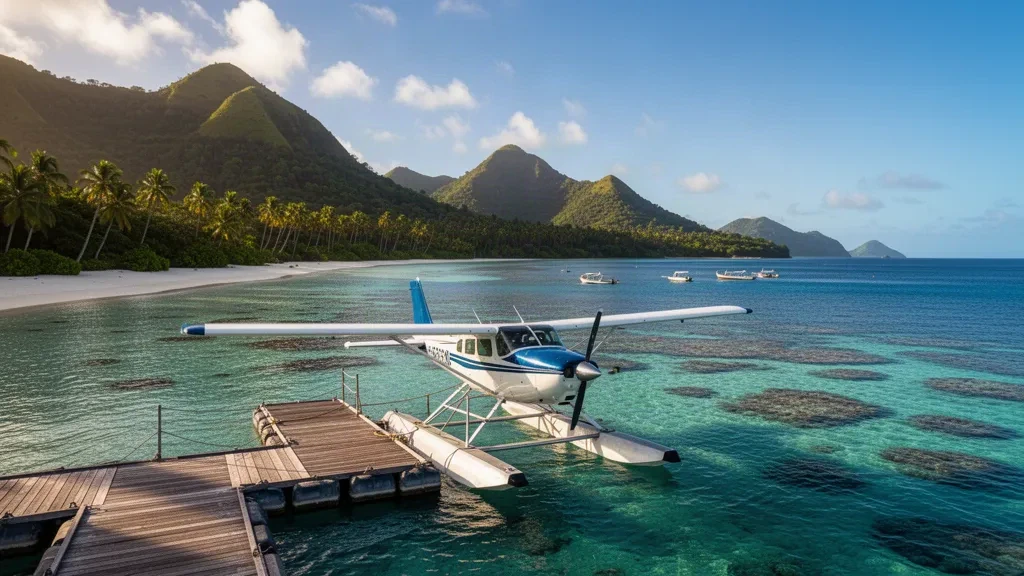 Wasserflugzeug an einem schwimmenden Ponton in der türkisfarbenen Blue Lagoon auf den Yasawa-Inseln in Fidschi, umrahmt von palmengesäumten Stränden und grünen Hügeln
