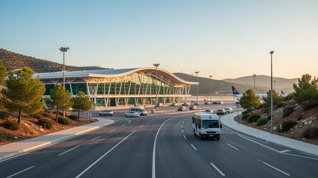 Fachada moderna de cristal de la terminal del aeropuerto de Milas-Bodrum en Muğla, Turquía, iluminada por la luz dorada del atardecer con colinas cubiertas de pinos y una carretera de acceso al frente