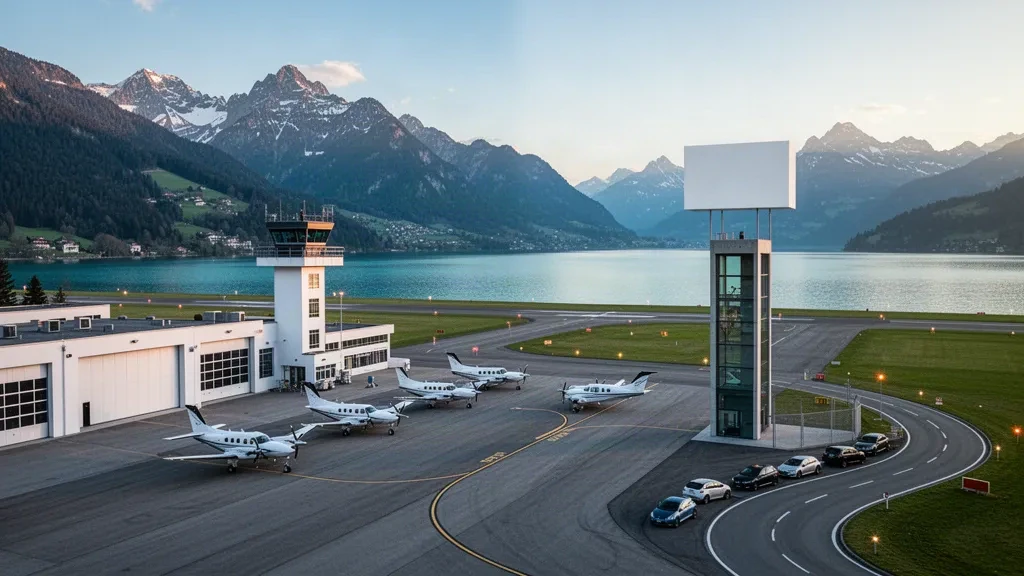 Piazzale dell'aeroporto di Buochs e torre di controllo con aerei turboelica parcheggiati sullo sfondo delle Alpi e del Lago di Lucerna durante l'ora d'oro