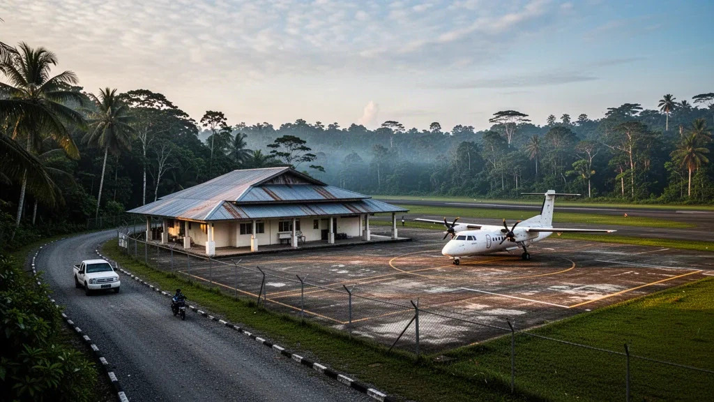 Kleine tropische Landebahn und bescheidenes Terminal am Batom Airport in Papua, Indonesien, umgeben von dichtem Regenwald in warmem Licht zur goldenen Stunde.