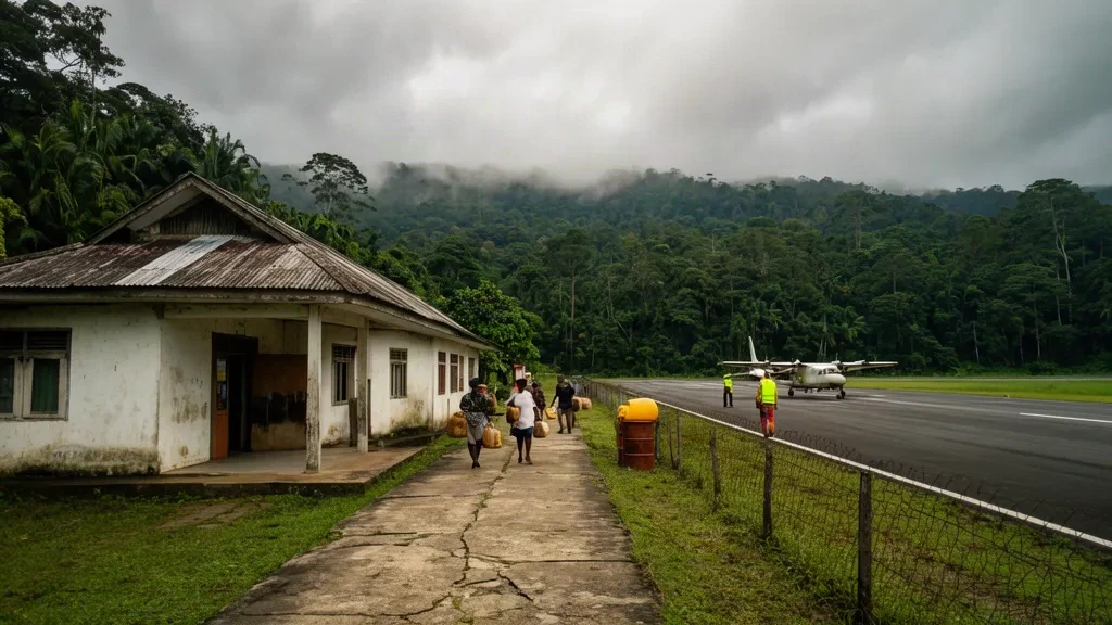 Piccolo terminal tropicale e pista all'aeroporto di Batom (BXM) in Papua, Indonesia, incorniciati dalla foresta pluviale e da colline nebbiose sotto un cielo coperto.