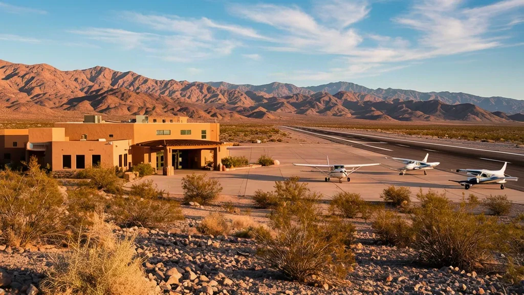 Außenansicht des Terminals des Borrego Valley Airport BXS in Borrego Springs, Kalifornien, mit Wüstenbergen und Start- und Landebahn.