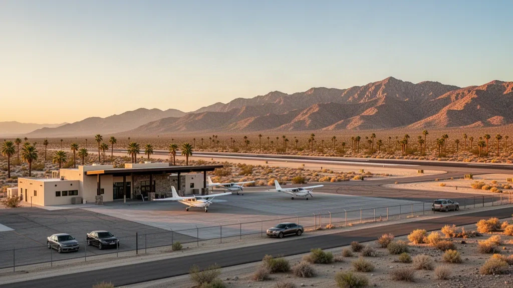 Piccolo terminal nel deserto e pista all'Aeroporto di Borrego Valley in California, incorniciati dalle montagne di Anza-Borrego durante l'ora d'oro