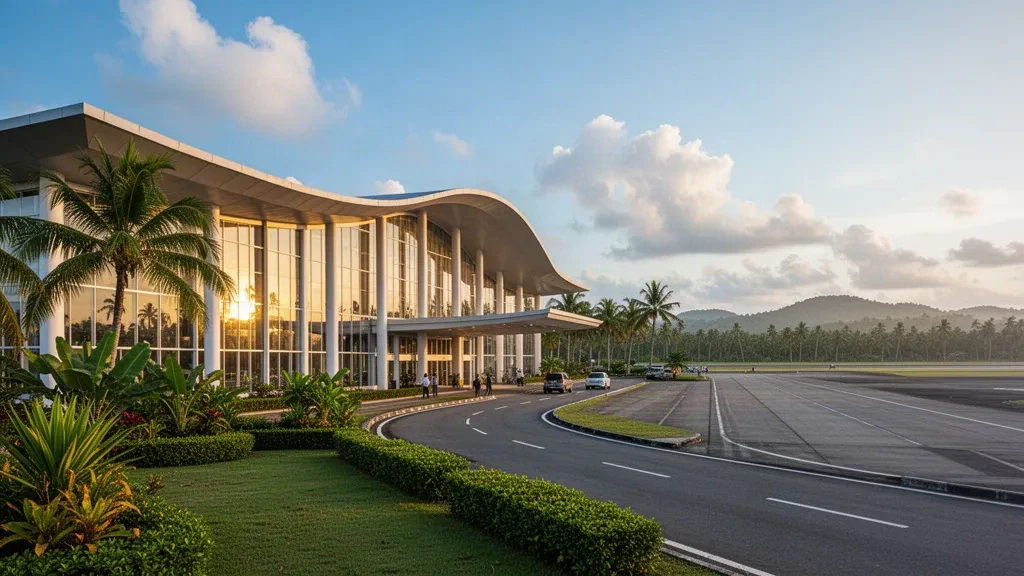 Curved-roof terminal exterior and curbside drop-off lane at Bancasi Airport in Butuan City, Philippines, lit by warm golden-hour sunlight.