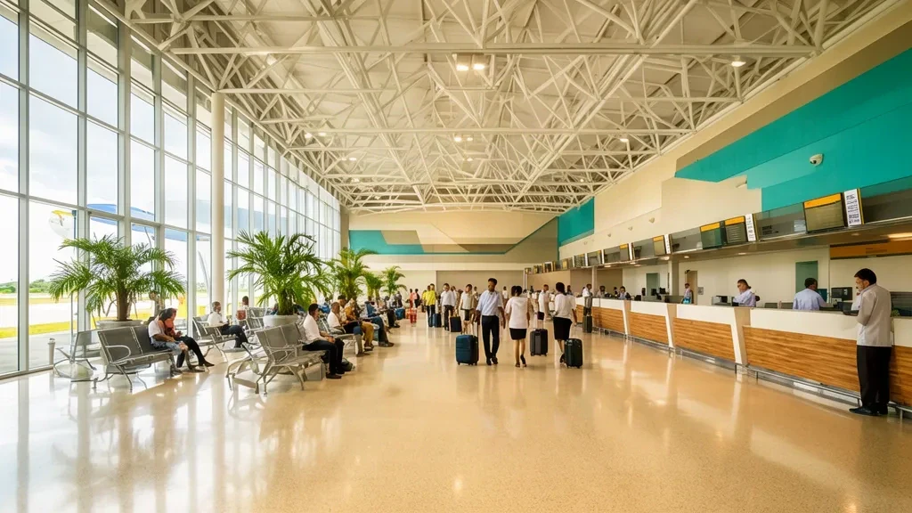 Spacious departure hall inside Bancasi Airport in Butuan, Philippines, with passengers and natural light.